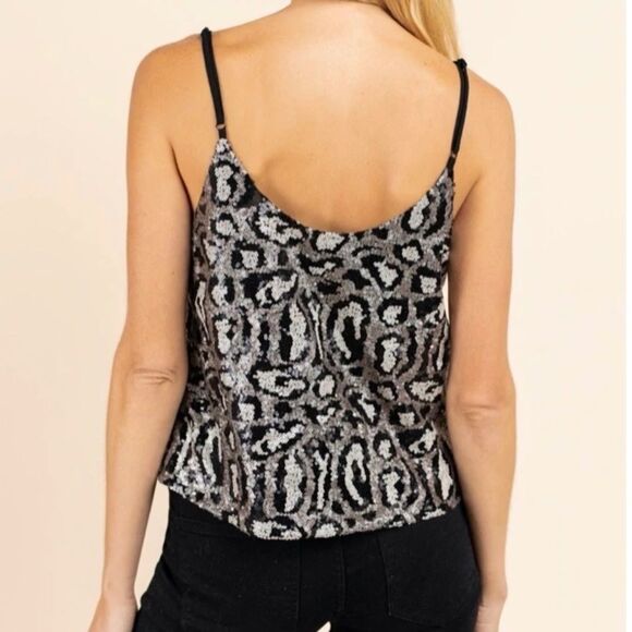 GILLI Sequin Leopard Print Crop Tank Top Camisole Black Silver Adjustable Size M - Picture 3 of 8